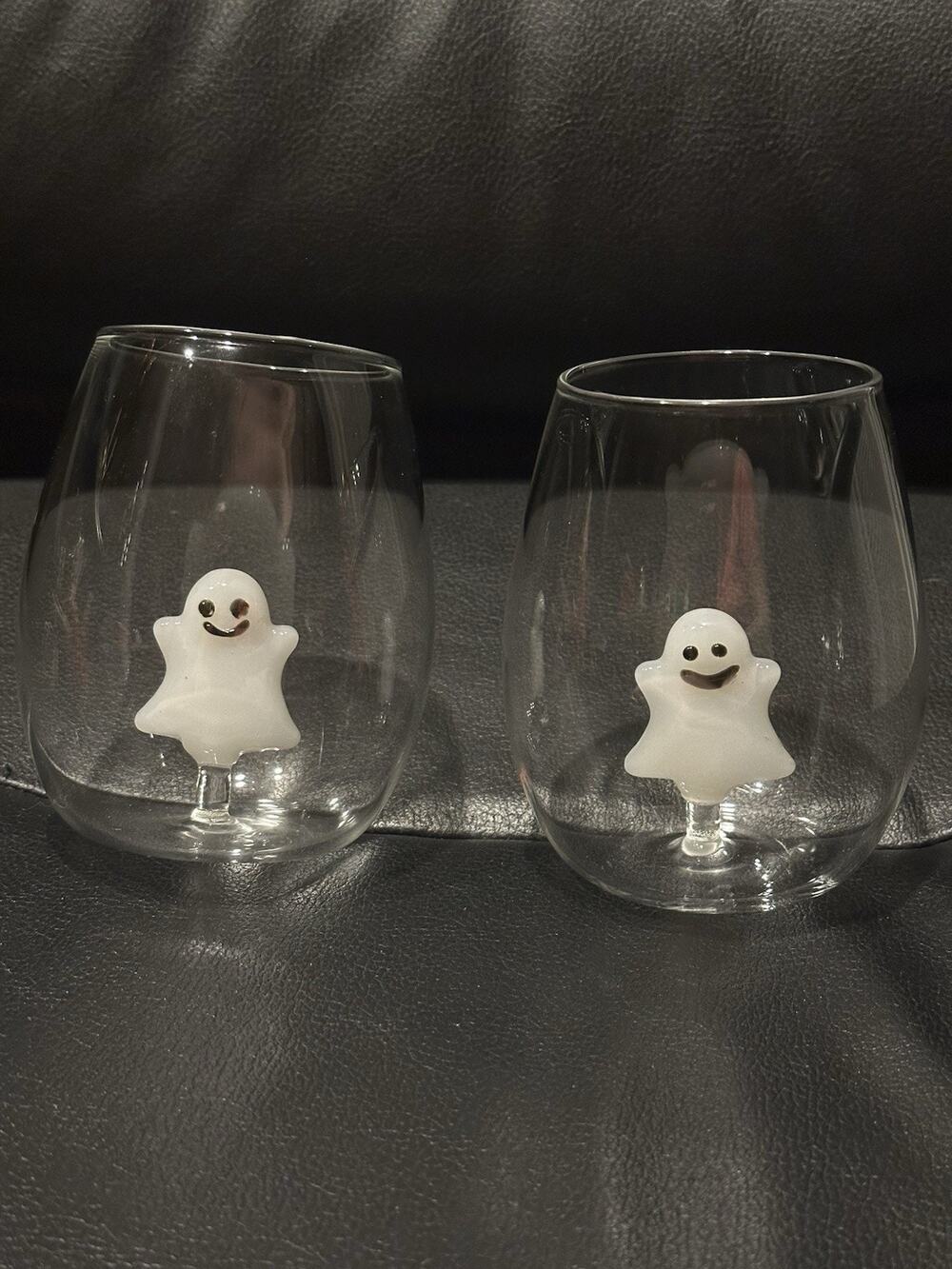 Anthropologie Eerie Stemless Wine Glass Ghost 16 Oz Handblown Halloween Set Of 2